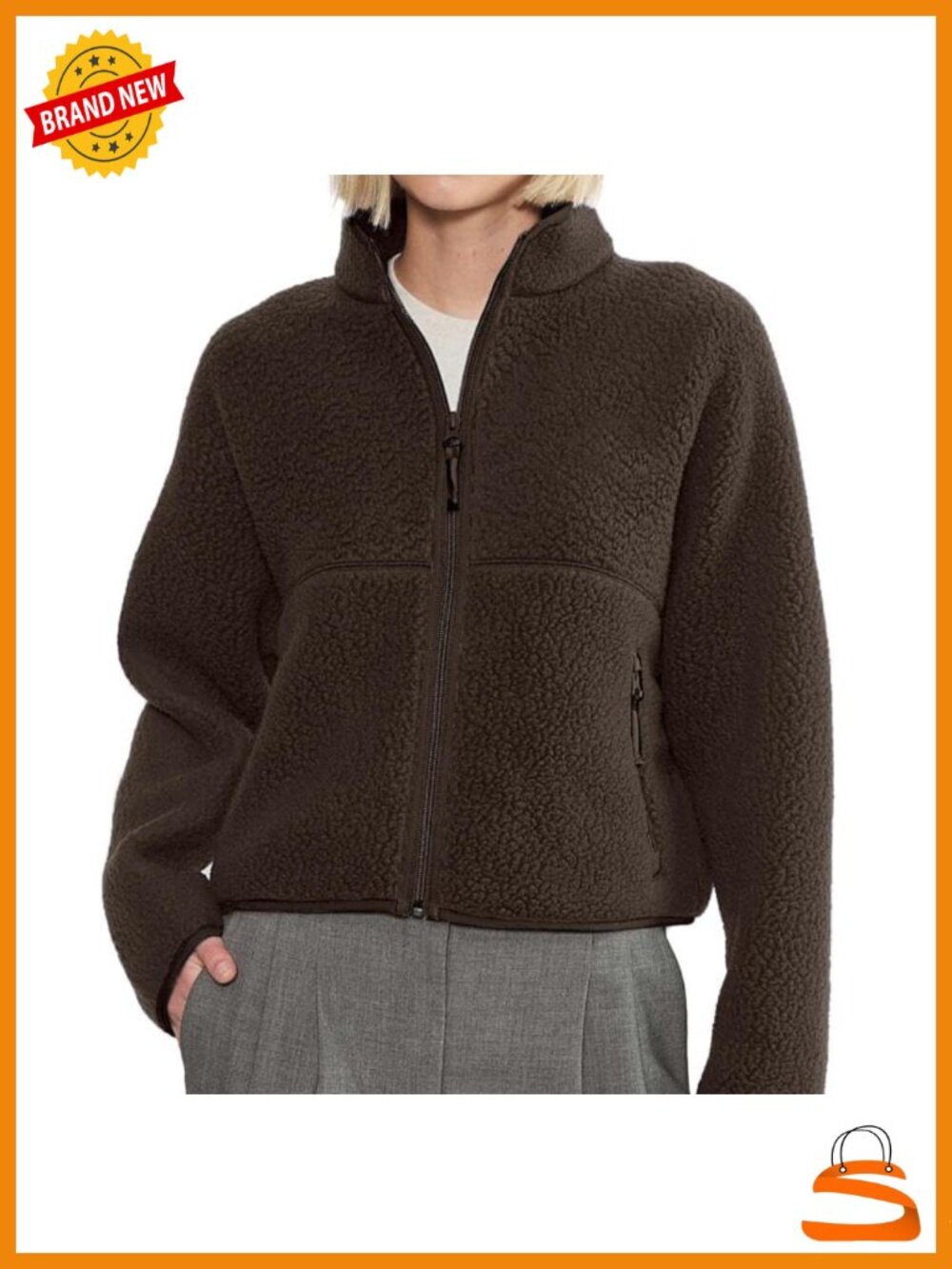 Women Full Zip Fleece Jacket Stand Collar Drop Shoulder Loose Fit Casual Winter